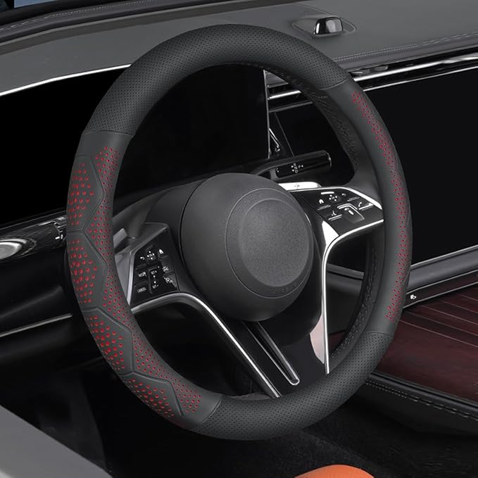 Car Steering Wheel Cover, Anti-Slip Breathable Leather Automotive Steering Wheel Protector, Soft Comfortable Vehicle Interior Protective Accessories, Universal for RV, SUV, Truck (Red)