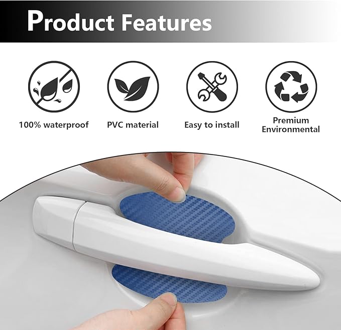 Kewucn 4PCS Car Door Handle Sticker, Carbon Fiber Auto Door Side Handle Protective Films, Anti-Scratch Vehicle Door Cup Protector, Universal Exterior Accessories for Most Cars (Blue)