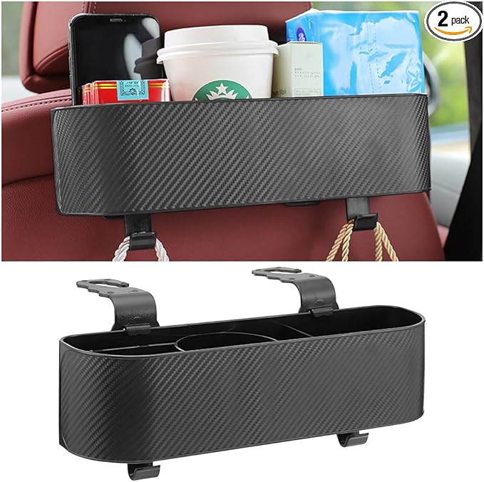 2PCS Car Backseat Cup Holder Organizer, Multifunctional Vehicle Headrest Storage Box with Strong Hooks, Automotive Interior Seat Back Hanging Box Accessories, Universal Fit (Black)
