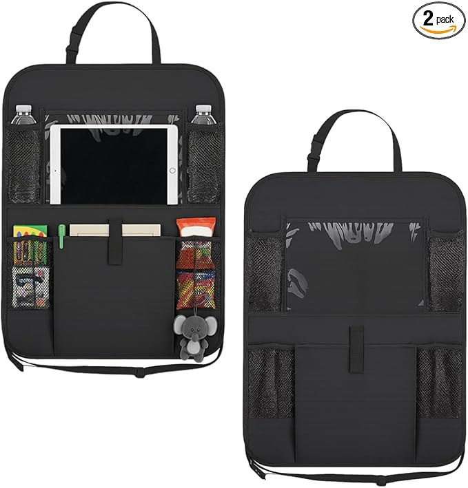2PCS Car Backseat Organizer, Waterproof Oxford Fabric Car Seat Protector with 10" Touch Screen Tablet Holder and 5 Storage Pockets, Universal Auto Kick Mats Road Trip Accessories (Black)