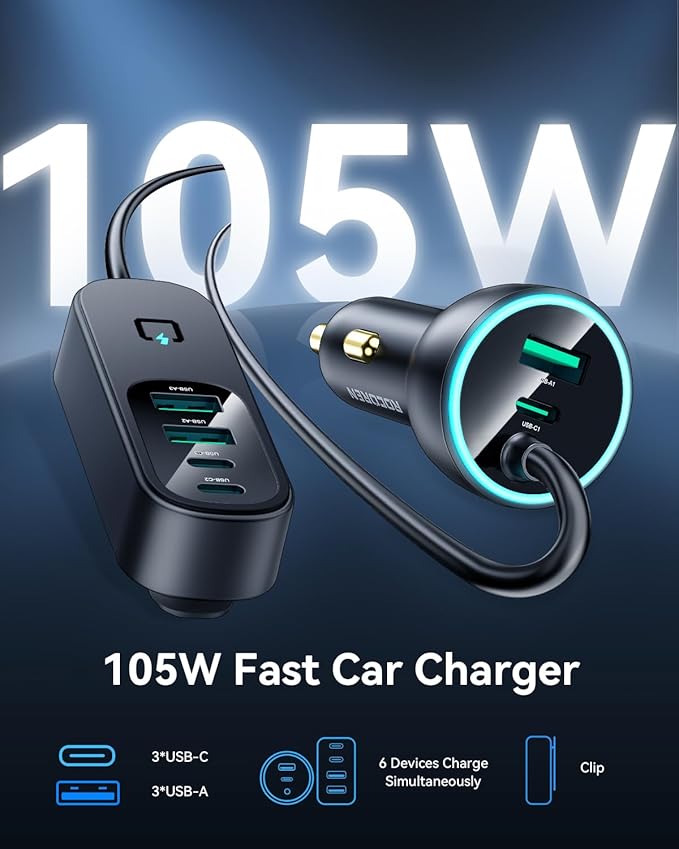 Rocoren 105W 6-Port Multiport Car Charger, Car Travel Essentials for Road Trips with 5FT Cable, 6-Pack Magnetic Cable Clips Cord Organizer-Cable Smooth Adjustable for Desktop, Home Office, Car