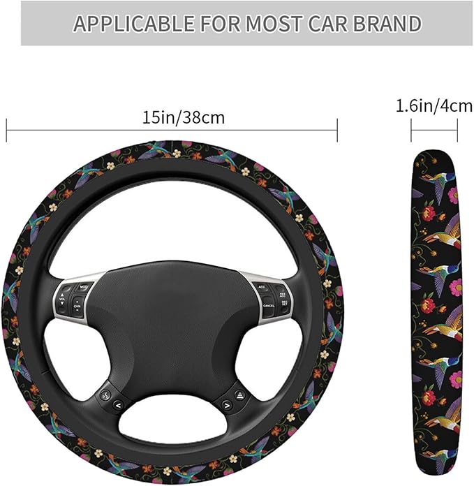 Swono Hummingbirds and Flower Car Steering Wheel Covers for Men Women,Hummingbirds Flowers Embroidery Car Accessories Decor 15" Steering Wheel Cushions Comfort Grip Neoprene Stretch-On Anti-Slip Case