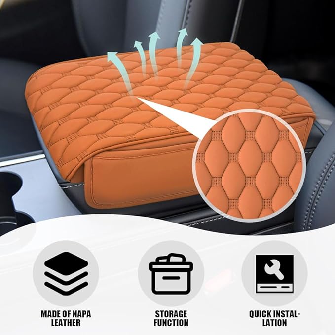 Upgraded Car Center Console Cover, Armrest Cover for Car, Waterproof Leather Auto Armrest Cover Protector with 2 Pocket, Comfortable Arm Rest Box Cushion Pad for Vehicles, Trucks (Yellow)