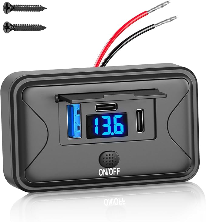 90W 12V USB Outlet Panel Wall Mount, Dual 36W USB C and QC 3.0 18W Car USB Port Charger with Voltmeter Button Switch, Waterproof 3 USB Multi Port Power Outlet DIY 12V Accessories for Car Bus RV Truck