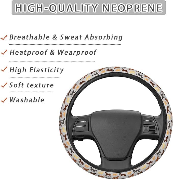 FeHuew Brown Colors Horses Steering Wheel Cover for Women, Girls 15 inch Universal Auto Car Anti Slip Wrap Steering Wheel Covers Fit for Vehicles, Truck, SUV