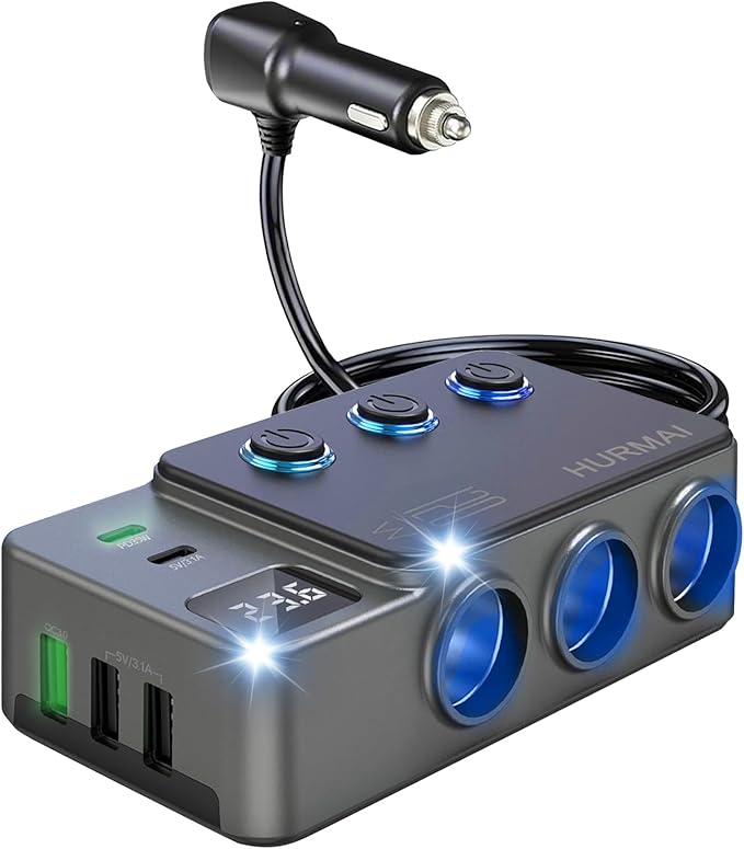 12V Car Heavy Duty Truck Cigarette Lighter Plug USB Charger Multi Port Car Plug Outlet Splitter with LED Voltage Display Independent Switches