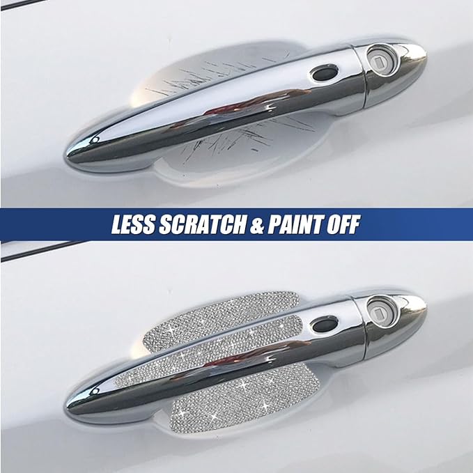10PCS Bling Car Door Handle Protector, Crystal Rhinestone Anti-Scratch Car Bowl Decoration Sticker Decal, Universal Auto Exterior Door Protective Covers Accessories for Women (White)