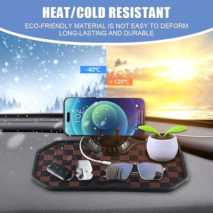 NHHEO Car Anti Slip Mat Dashboard Tray Decorations Sticky Pad Multi Functional Thickened and Widened Washable with 360° Rotating Universal Phone Pad Holder+Number Plate(Black&Brown)
