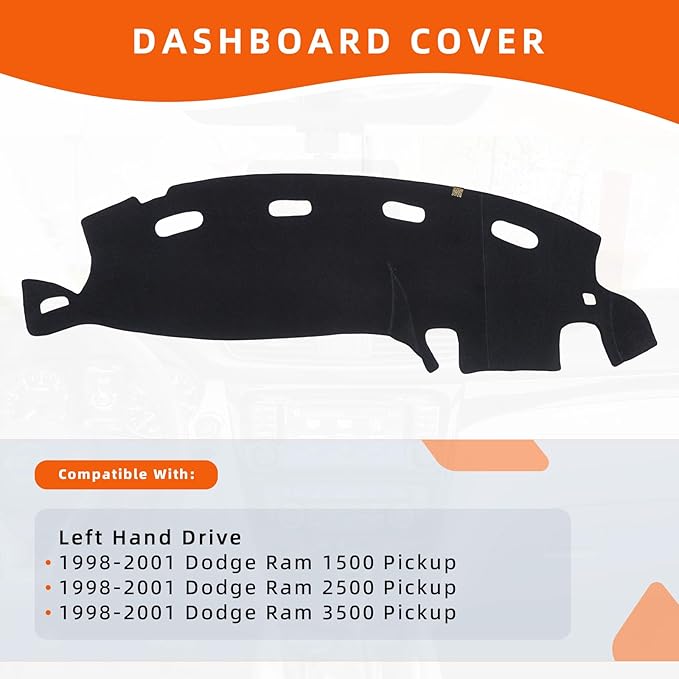 KEYOOG Dashboard Cover Dash Mat Fit for 2001-1998 Do-dge Ram 1500 2500 3500 (for Left Hand Drive),Car Dash Board Mat Anti-Glare Carpet,Non-Slip Pad Sunshield Protector (Black)