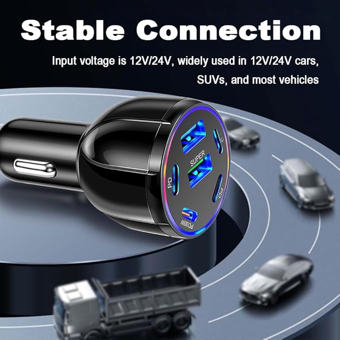6 Port Car Charger USB C & USB A,75W Ultra-Fast Car Charger Adapter with Super/PD30W/PD/3.1A,Universal 12V/24V Cars Lighter USBs Adapter Cars Ports Chargers for Phone,Tablet
