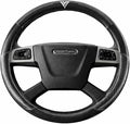 18-Inch Genuine Leather Steering Wheel Cover for Semi Trucks – Black with Grey Stripes, Universal Fit Heavy-Duty Non-Slip Grip, Comfortable Control, Easy Installation