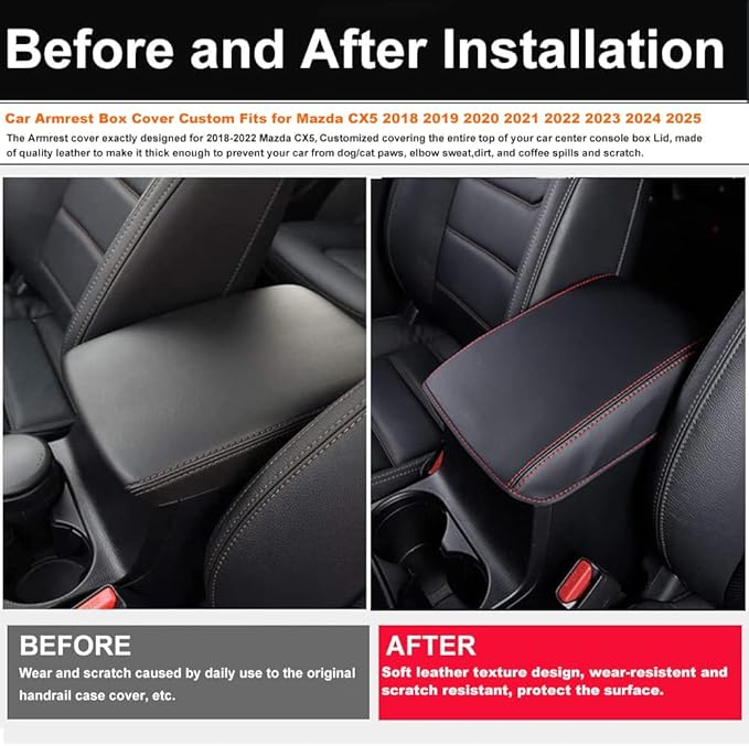 Auprite Center Console Cover for Mazda CX5 2018-2023 2024 2025, Auto Center Console Cover Pad Leather Car Armrest Seat Box Cover Protector for Mazda CX5 Accessories (Black with Red Stitches)