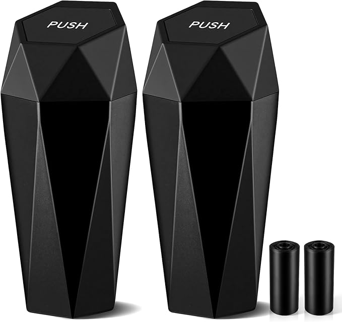 JUSTTOP Car Trash Can with Lid, Diamond Design Small Automatic Portable Trash Can, Easy to Clean, Used in Car Home Office Interior Accessories, 2PCS (Black)
