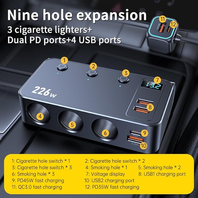 226W Car Charger Cigarette Lighter Splitter, 9-in-1 Multi-Port Car Power Adapter with 3 Sockets, Dual PD USB-C, 4 USB Ports, LED Voltmeter, Fast Charging for 12V–24V Vehicles