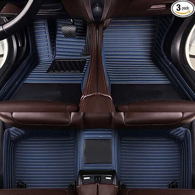 KaiLaiCarCustom Automotive Car Floor Mats for 99.99% Sedan SUV Sports Car Men Women Protection Full Coverage Pads Anti-Slip Leather Floor Lining (Blue Strip, B- Long Stripes)