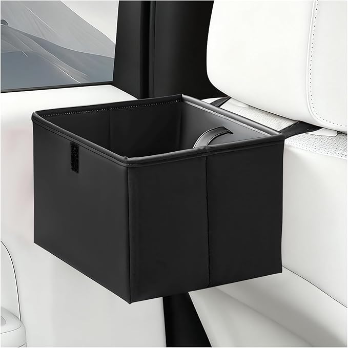 Car Trash Bin, Foldable Leather Auto Rubbish Can with Reinforced Bottom & Trash Bags, Waterproof Hanging Garbage Can Backseat Storage Box for Most Vehicles, Car Accessories (Black)