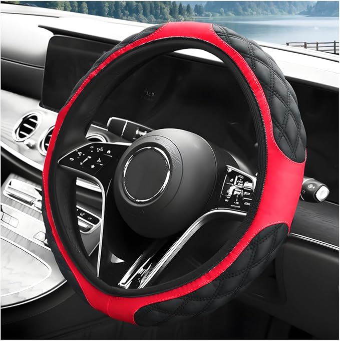 Car Steering Wheel Cover, 15 Inches Leather Steering Wheel Protector with Non-Slip Grip, Universal Wheel Covers Interior Decoration for Sedens Trucks SUVs, Car Accessories (Black & Red)