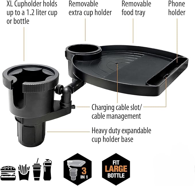 ToughTested Tough & Hungry Mega XL Cupholder Expander with Snap-On Extra Cupholder, Adjustable Food Tray, and Device Holder Slot – Fits XL Bottles & Cups, Ideal for Trucks, SUVs, RVs, Vans, and Cars