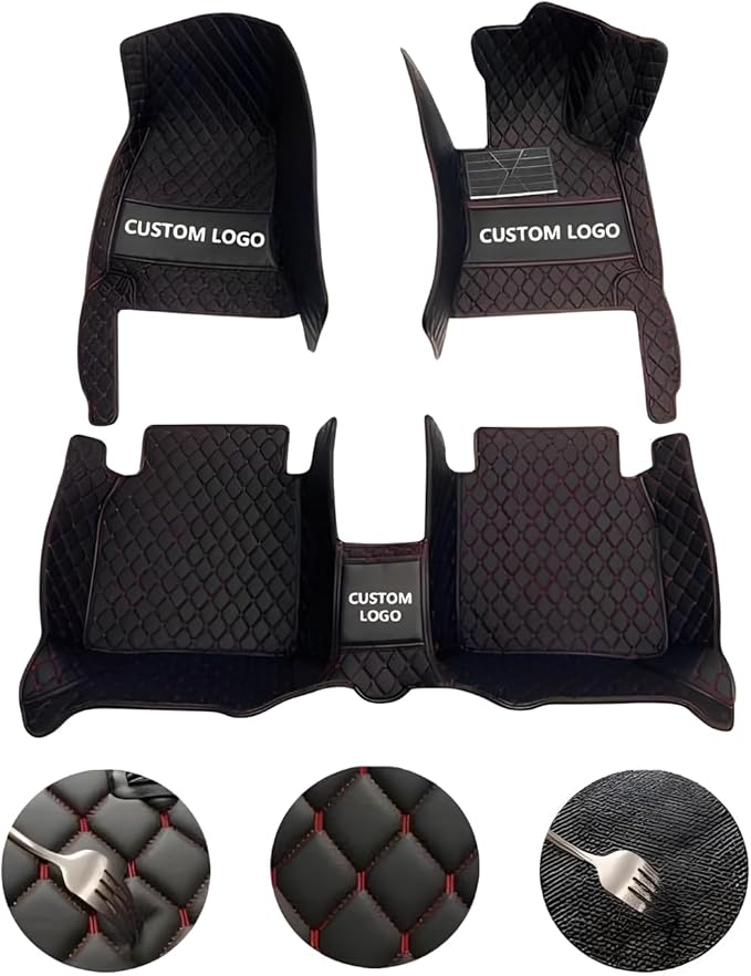 Custom Leather Car Mats, Vehicle-Specific Fit All-Weather Floor Mats, 100% Waterproof Anti-Slip Durable Protection for SUV Truck Sedan, Precision Tailored Protection (Black Splicing Blue Stripes)