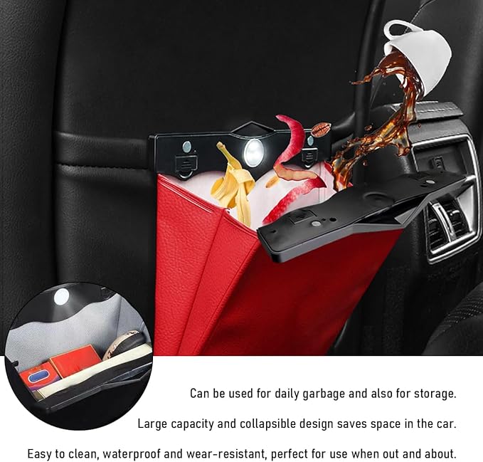 Hanging Car Trash Bag, Foldable Magnetic Garbage Can with Smart LED for Front Back Seat, Multi-Functional Waterproof Leather Rubbish Bag Storage Pocket, Car Accessories (Red)