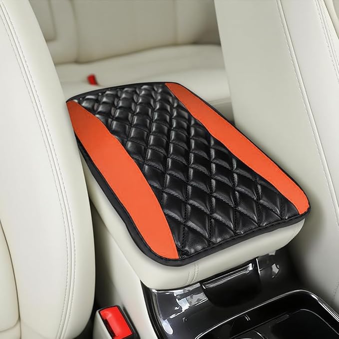 Car Center Console Cover, Comfortable PU Leather Vehicle Armrest Storage Box Cushion Pad, Anti-Scratch Automotive Interior Arm Rest Cover Protector, Universal for Truck SUV Sedan (Orange)