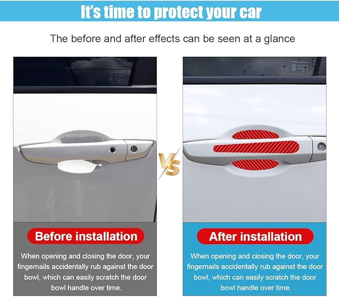 8PCS Car Door Handle Scratch Protectors, Carbon Fiber Car Door Handle Bowl Sticker, Universal Auto Doors Handles Paint Guard Cover, Doors Handles Cup Protective Film for Cars (Red)
