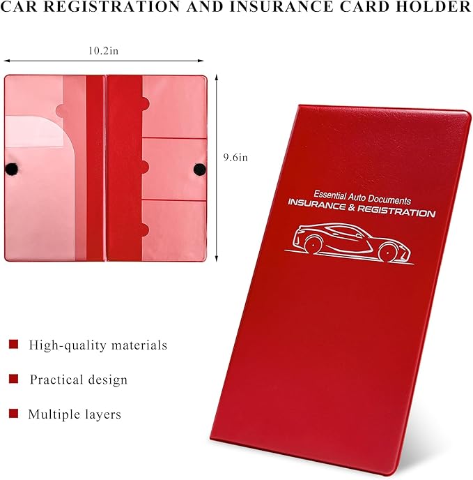 Car Registration and Insurance Holder, 9.56"×5.19" Glove Box Organizer Vehicle Document Holder, Waterproof Essential Driving License Wallet Case for Sedan Truck SUV (Small Car, Red)