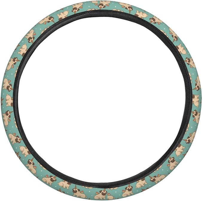 FeHuew Cute Unicorn Pug Puppies Steering Wheel Cover for Women, Girls 15 inch Universal Auto Car Anti Slip Wrap Steering Wheel Covers Fit for Vehicles, Truck, SUV