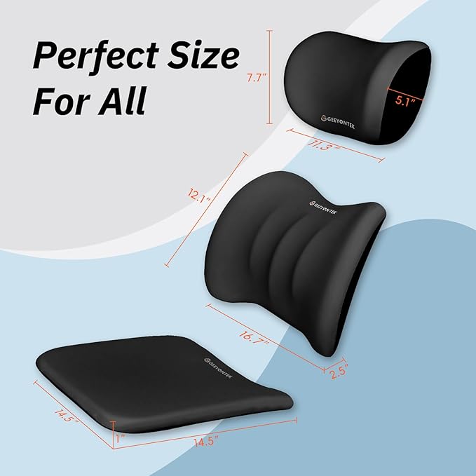 GEEYONTEK Car Seat Cushion with Neck Pillow & Lumbar Support Kit Back Sciatica Tailbone Pain Relief Car Pillows Ergonomic Memory Foam Back Support for Driving Seat Office Chair Wheelchair Black