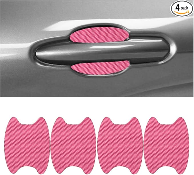 Car Door Handle Cup Protector, 4PCS Carbon Fiber Anti-Scratch Vehicle Door Handle Bowl Sticker, Self-Adhesive Automotive Paint Protective Film, Universal for SUV RV Truck (Pink)