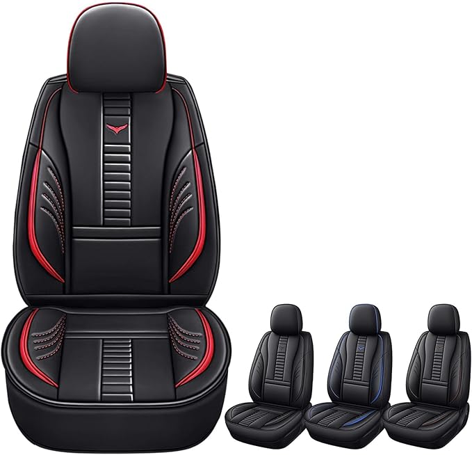 Pengchen Auto Front Seat Covers Fit for Nissan Versa 2009-2025, 3D Front Split Bench Protection Compatible with Side Airbag (Black & Red Line)