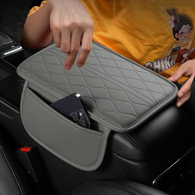 Car Center Console Cover, Leather Vehicle Armrest Seat Box Pad Cushion with 2 Storage Bags, Automotive Interior Arm Rest Protector Accessories, Universal for SUV, Sedan, Truck (Gray)