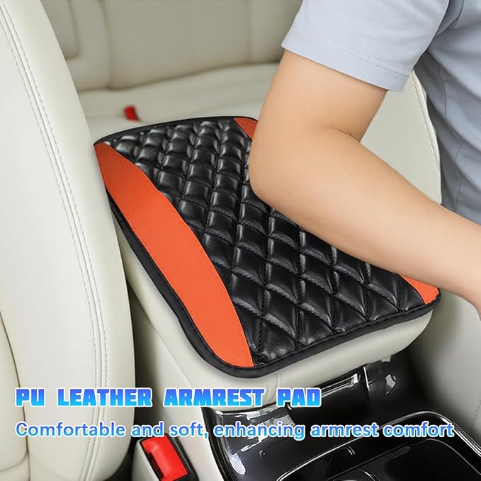 Car Center Console Cover, Comfortable PU Leather Vehicle Armrest Storage Box Cushion Pad, Anti-Scratch Automotive Interior Arm Rest Cover Protector, Universal for Truck SUV Sedan (Orange)