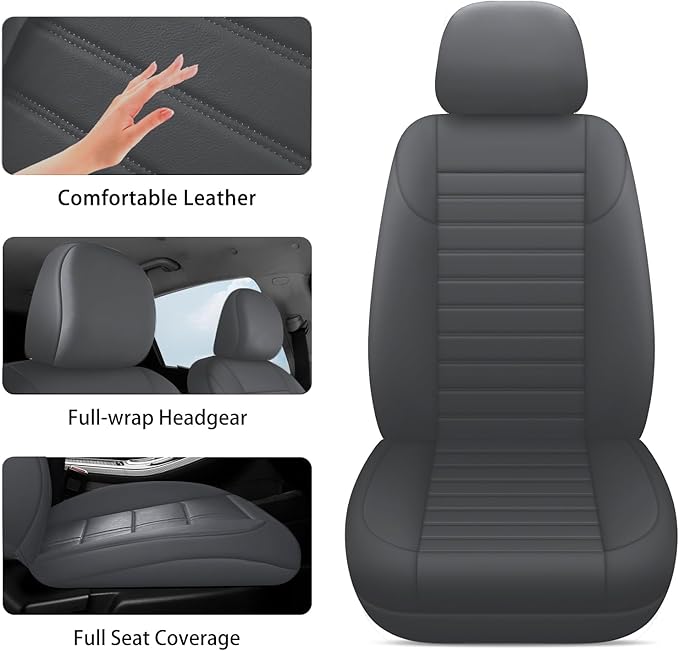 crossmiles Faux Leather Car Seat Covers Full Set, Foam Seat Cover for Car, Universal Car Seat Protector with Waterproof and Breath Fit for Cars, Trucks, SUV, Vans(Grey Striped)