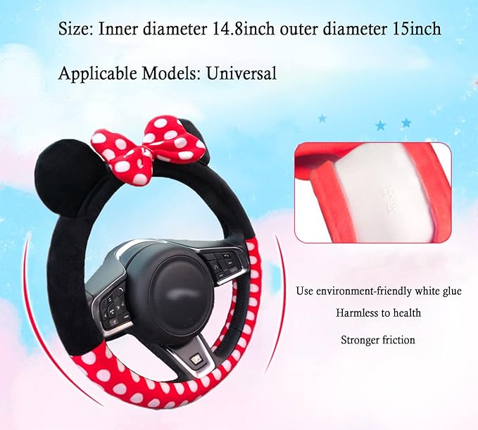 Cute Car Steering Wheel Cover, Universal Fit 15 Inch Soft Comfortable Plush Anti Slip & Odor Free Car Wheel Protector for Women Girls Red