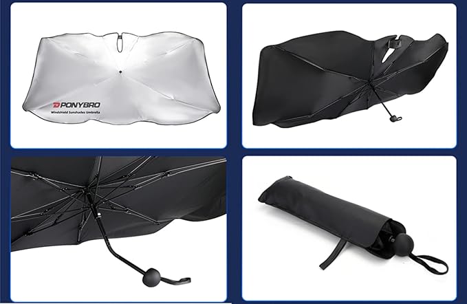 PONYBRO Foldable Windshield Sun Shade Umbrella for Cars,SUVs, MiniTrucks and Vans,Universal Fit Sturdy Frame Sunshade with UV 100% Block & Heat Insulation, Full-Coverage Sunshade 57" x 31.5" inches.