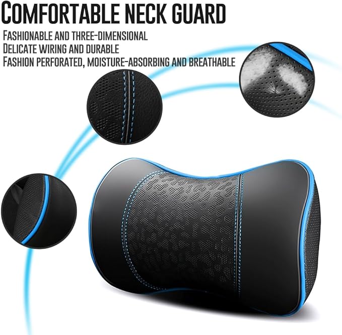 HAOTULE Car Leather Neck Pillows, Neck Rest Cushions,100% Memory Foam Cervical Support, Comfortable Travel car Seats and Home Office Soft Pillows, Blue a Set (2 pcs