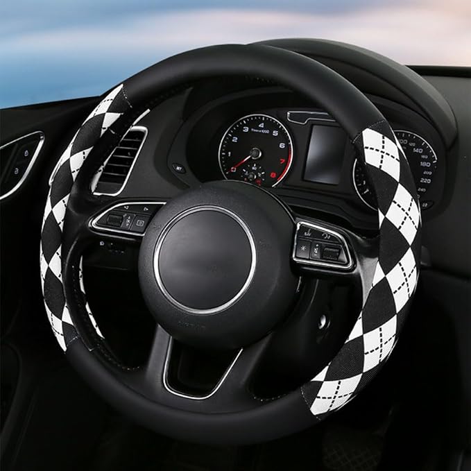 Steering Wheel Cover, Pink and White Diamond Pattern, 15 Inch, Anti-Slip Leather (Black)