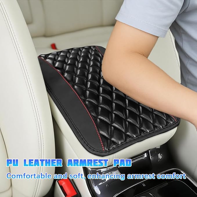 Car Center Console Cover, Comfortable PU Leather Vehicle Armrest Storage Box Cushion Pad, Anti-Scratch Automotive Interior Arm Rest Cover Protector, Universal for Truck SUV Sedan (Black)