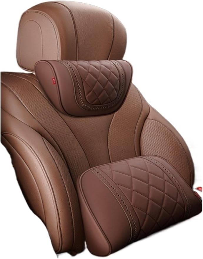 Car Headrest Neck Pillow Soft Leather Fit for Seat Back Support Lumbar Pillow Car Travel Rest Cushion Accessories(Coffee-1 Set)