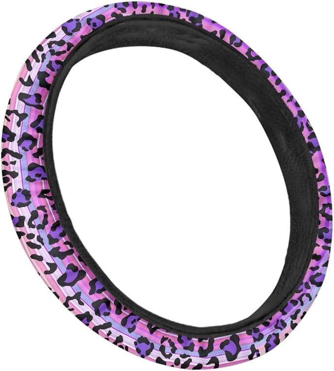 Universal Non-Slip Steering Wheel Cover, 15-inch Polyester Material Driving Accessories, Adjustable for Car and Truck(Pink Purple Gradient Leopard)