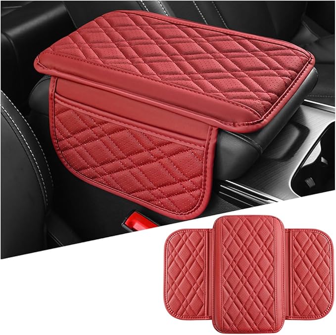 Mandark Car Center Console Cover, 2PCS Leather Vehicle Arm Rest Cushion with 2 Storage Bags, Automotive Armrest Interior Seat Box Pad Accessories, Universal for SUV, Sedan, Truck (Red)