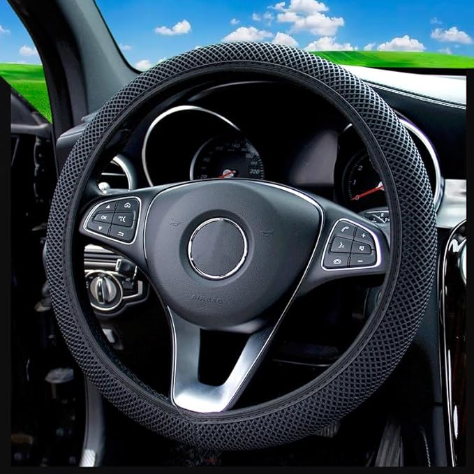 Breathable Stretch Elastic Steering Wheel Cover, Cool in Summer and Warm in Winter, Soft Microfiber Ice Silk Cloth Fabric, Universal 14.5-15 in, Fit Suvs, Vans, Sedans, Cars, Trucks (A-Black+)