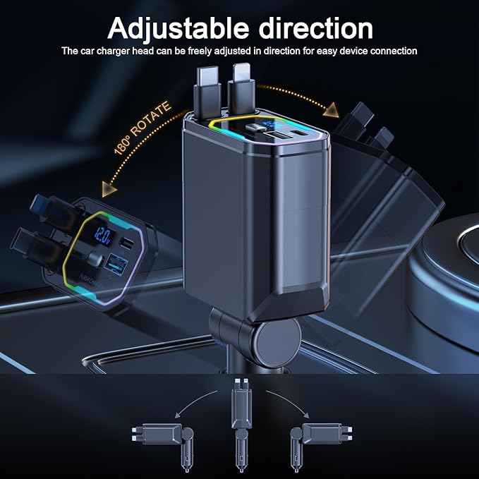 Retractable USB C Car Charger, 65W PD, 35.43 Inch Retractable Cord, RGB Light, For iPhone 12-16, Samsung, Pixel, MacBook