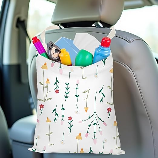 Pykfrhh Car Trash Bag Hanging, Waterproof Car Back Seat Organizer, Trash Can for Vehicle Accessories, Travelling & Camping, Flower Daisy Sunflower Rose Deco