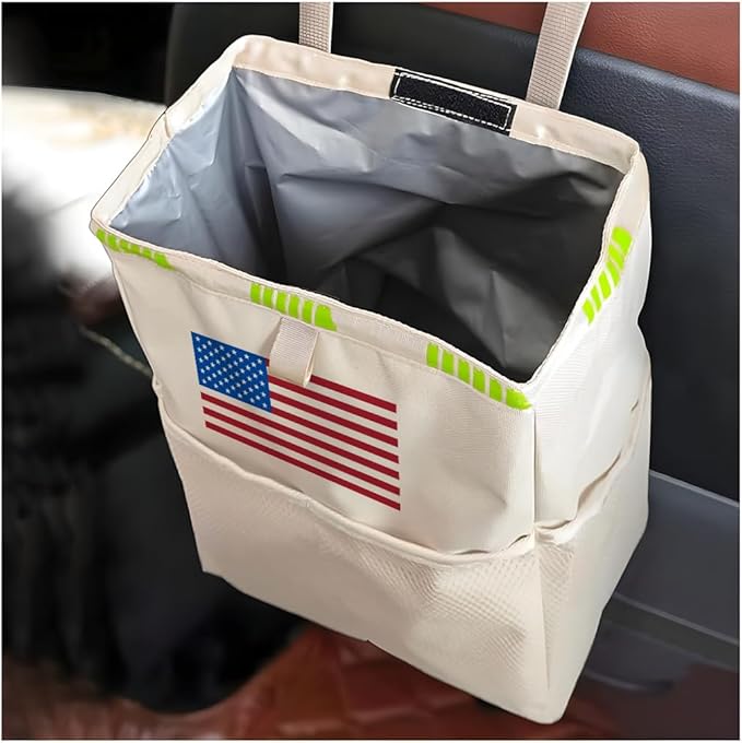 Fekey&JF Hanging Car Trash Can with Storage Pockets, Waterproof Leakproof Oxford Auto Garbage Bag, Multi-Use Organizer for Outdoor Traveling, Foldable Trash Bin for Truck, SUV, Home (Beige-Color)