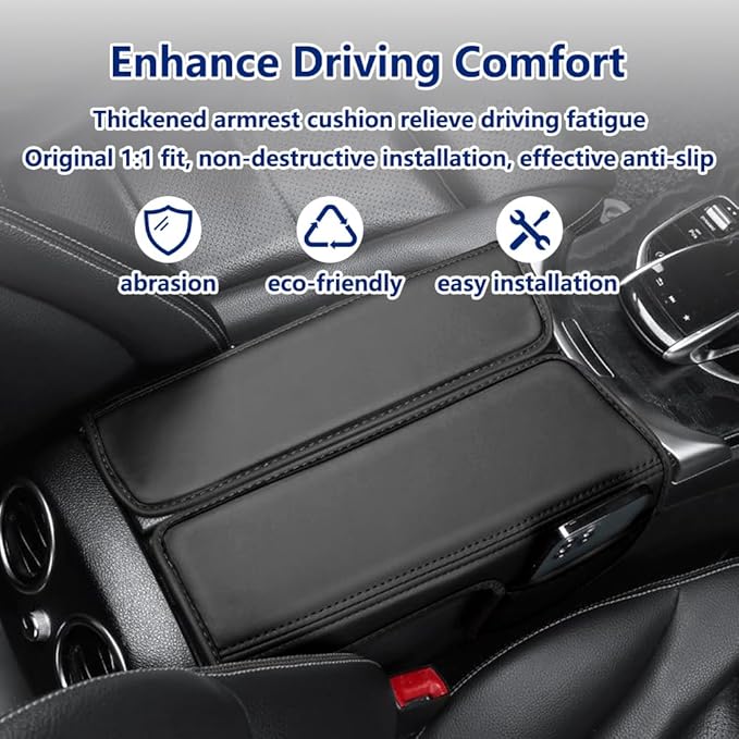 Center Console Cover Compatible with Benz C Class W205 C200 C250 C300 2015-2021 GLC 2016-2022 Class EQC 2019-2024,Armrest Cover Pad Leather Cushion Protector with Black Storage Pocket
