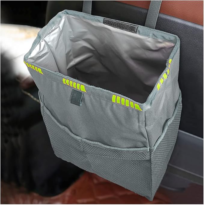 Fekey&JF Hanging Car Trash Can with Storage Pockets, Waterproof Leakproof Oxford Auto Garbage Bag, Multi-Use Organizer for Outdoor Traveling, Foldable Trash Bin for Truck, SUV, Home, Office (Gray)