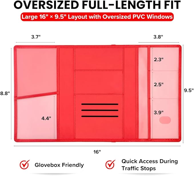 LINTRU Car Registration and Insurance Holder Trifold, Oversized Fit with Reinforced Construction, Matte PU Leather Vehicle Glove Box Organizer for Documents, Car Accessories for Men and Women