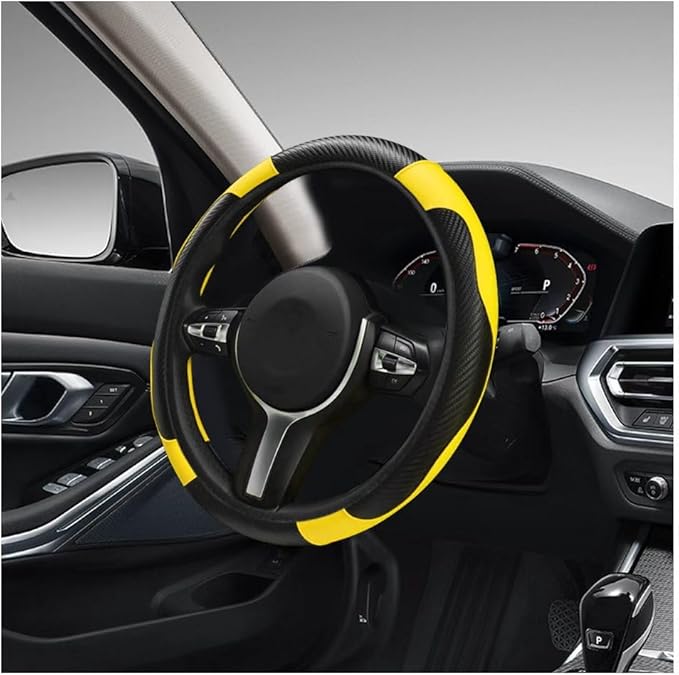 Car Steering Wheel Cover, 15 Inch Carbon Fiber Leather Stitching Color Steering Wheel Protector, Anti-Slip Elastic Breathable Steering Wheel Cover Stylish Decor for Most Cars (Yellow)